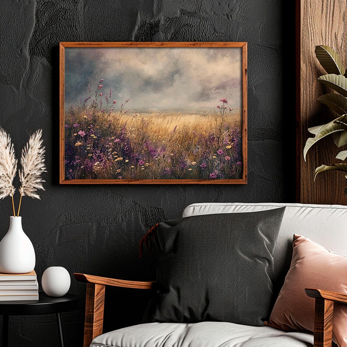 Purple Wildflower Field Under Stormy Sky Moody Meadow Landscape Poster - Image 3