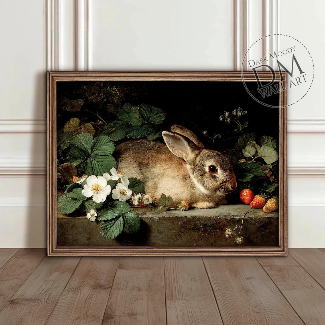 Vintage Rabbit With Strawberries And Flowers Dark Still Life Poster