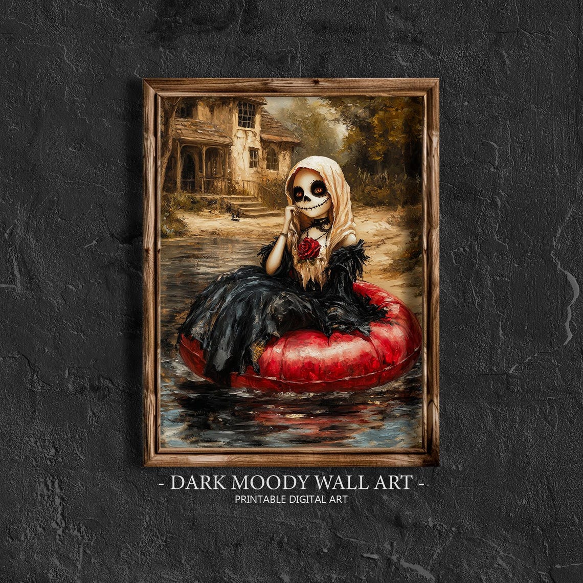 Skeleton Bride Red Rose Pool Float Moody Gothic Halloween Wall Art