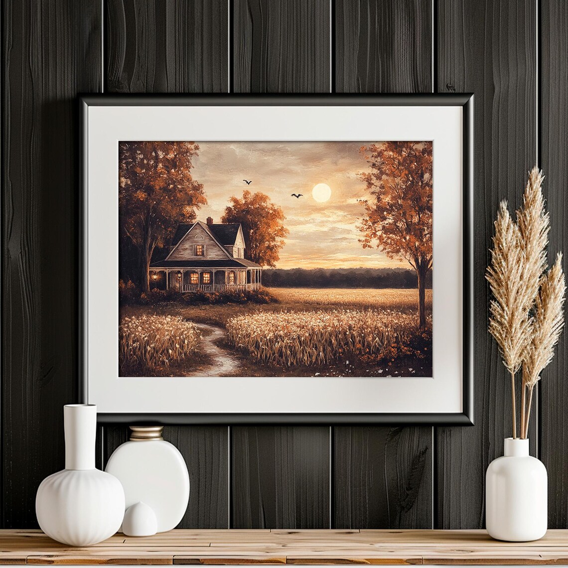 Moody Farmhouse Sunset Crows Wheat Field Autumn Evening Landscape Poster - Image 5