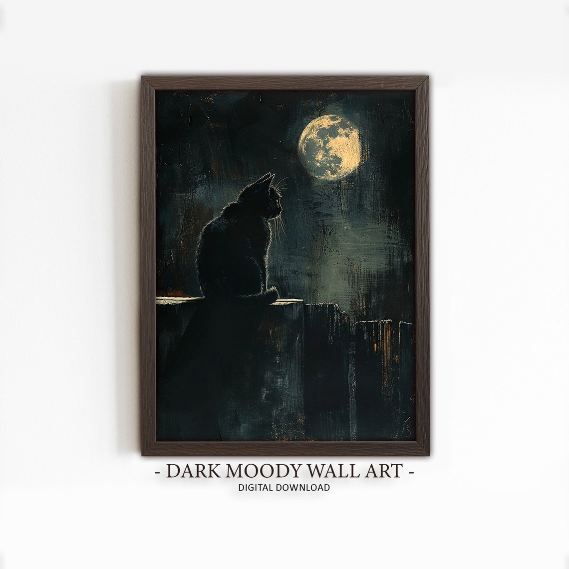 Full Moon Print Moonlight Cat Painting Dark Moody Art Black Background Art