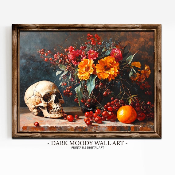 Floral Mexican Skull Print Vintage Halloween Wall Art Gothic Dark Academia Decor Dia De Los Muertos Moody Cottagecore Print