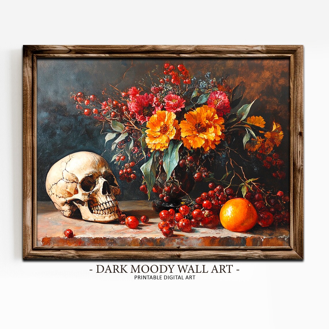 Skull and Autumn Flowers Still Life Moody Floral Botanical Art Poster