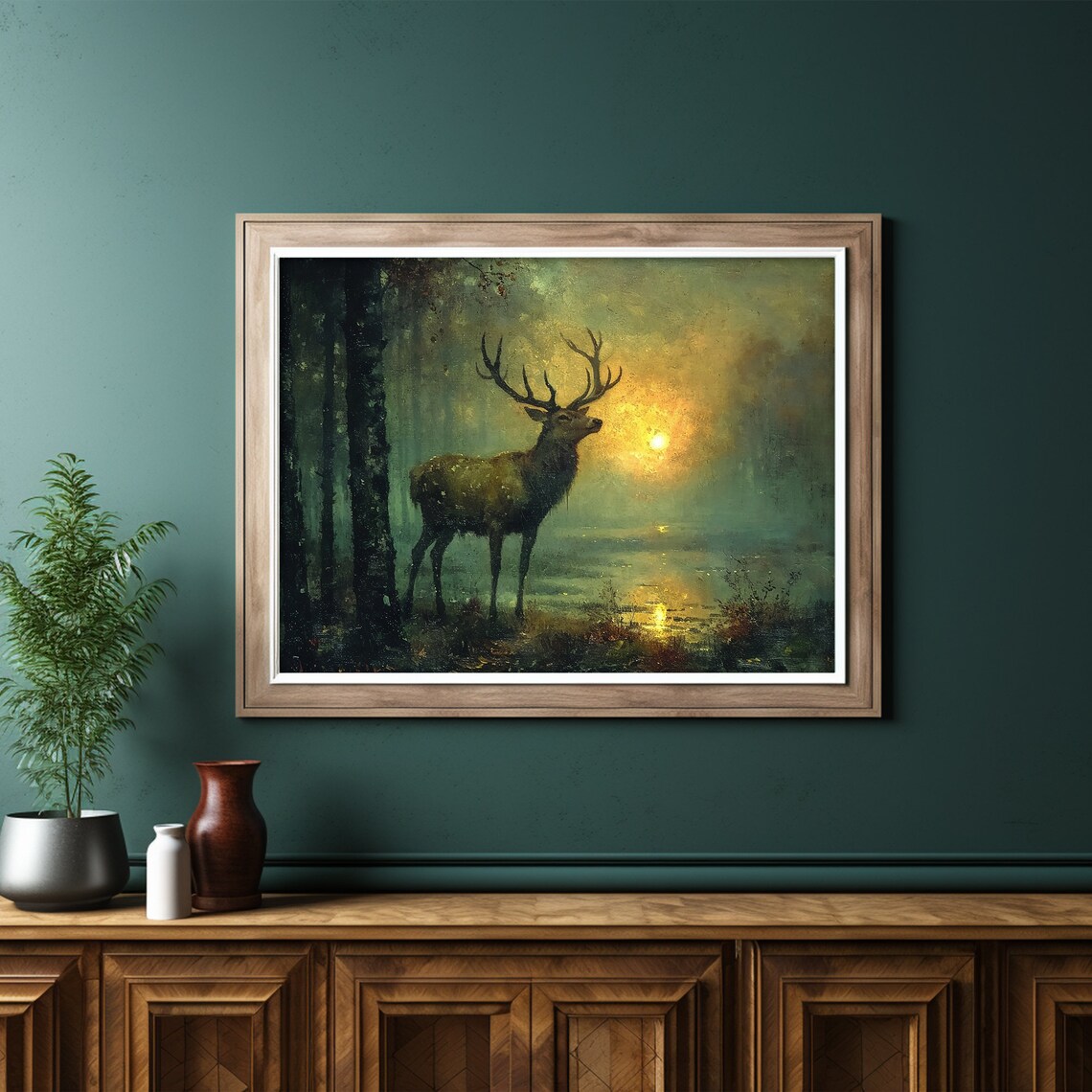Stag With Antlers Foggy Forest Sunrise Dark Moody Painting Poster - Image 6