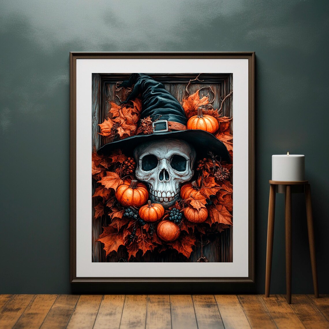 Skull in Witch Hat With Pumpkins and Autumn Leaves Spooky Halloween Poster - Image 3