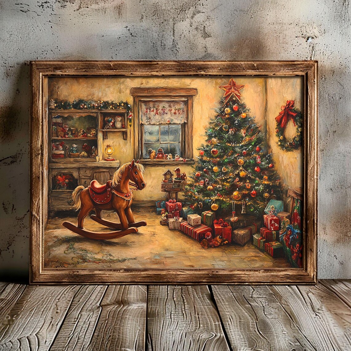 Vintage Christmas Living Room Rocking Horse Tree Gifts Poster - Image 4