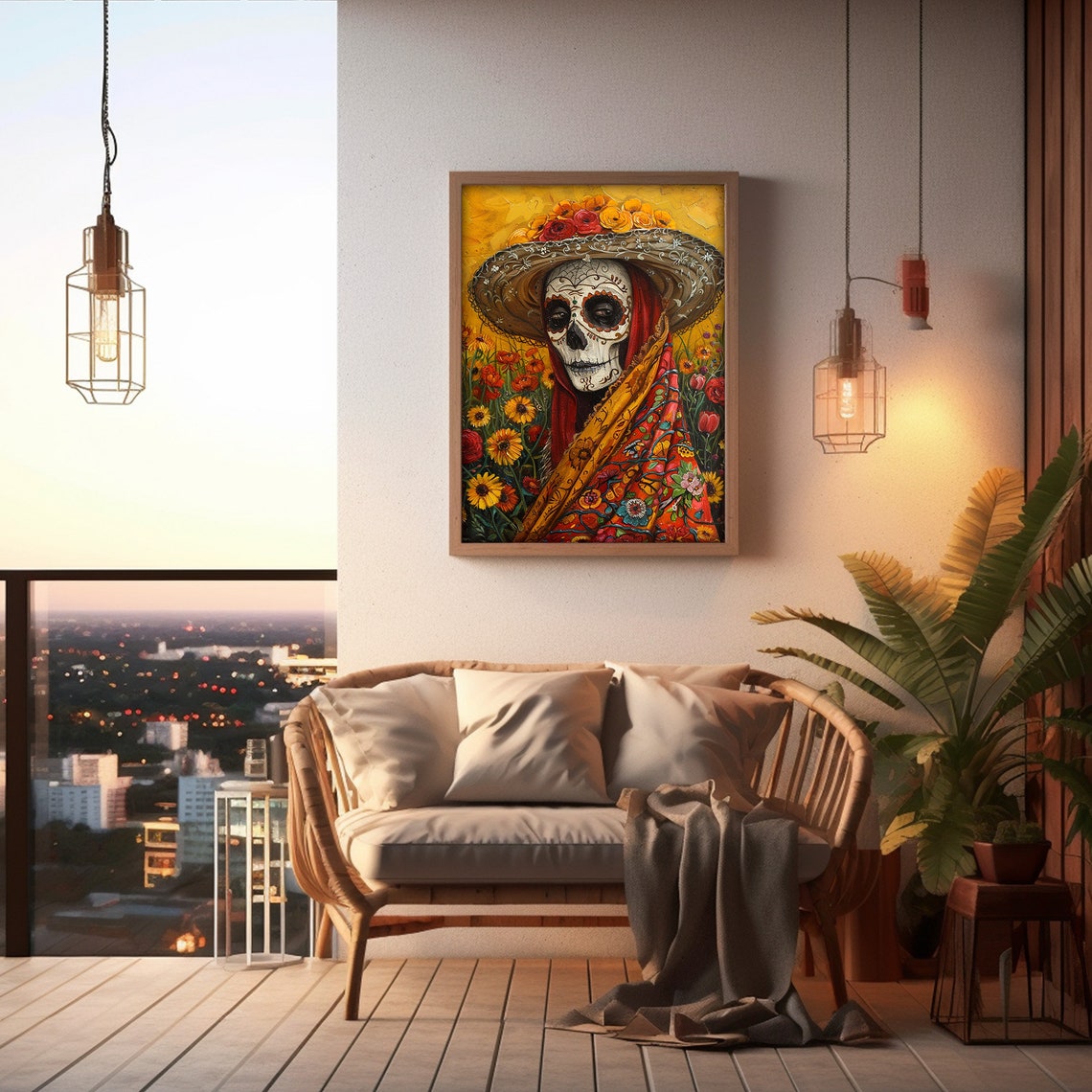 Catrina Sugar Skull Straw Hat Marigold Field Folk Art Poster - Image 5