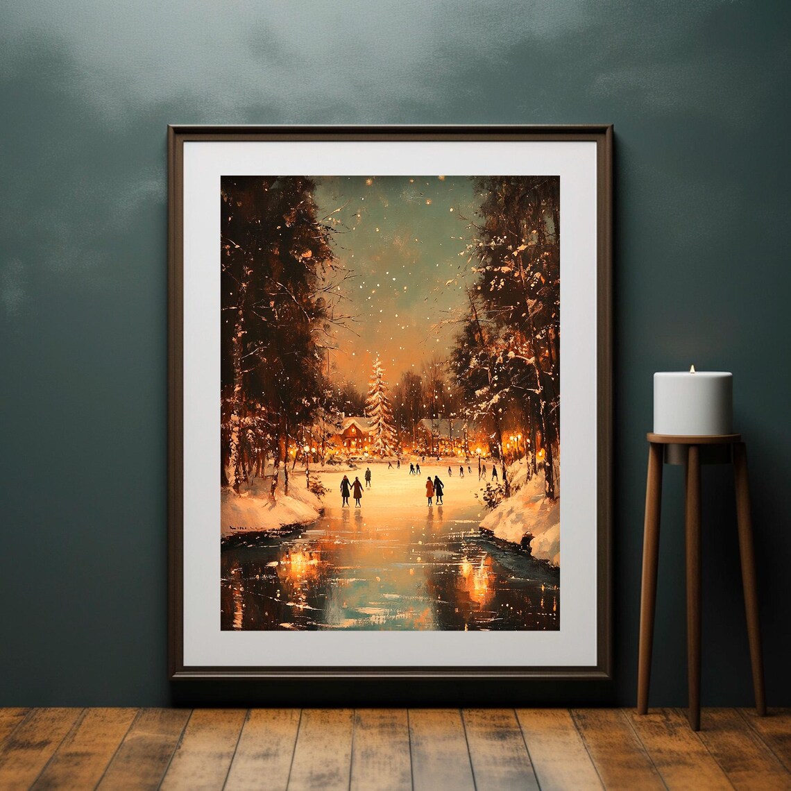 Night Frozen River Skaters Glowing Village Winter Painting Poster - Image 4