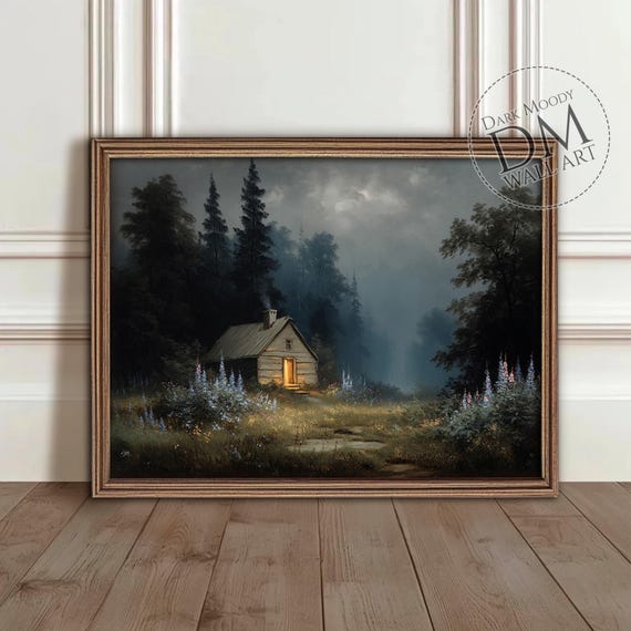 Cabin In Foggy Forest Wall Art Rustic Moody Landscape Print