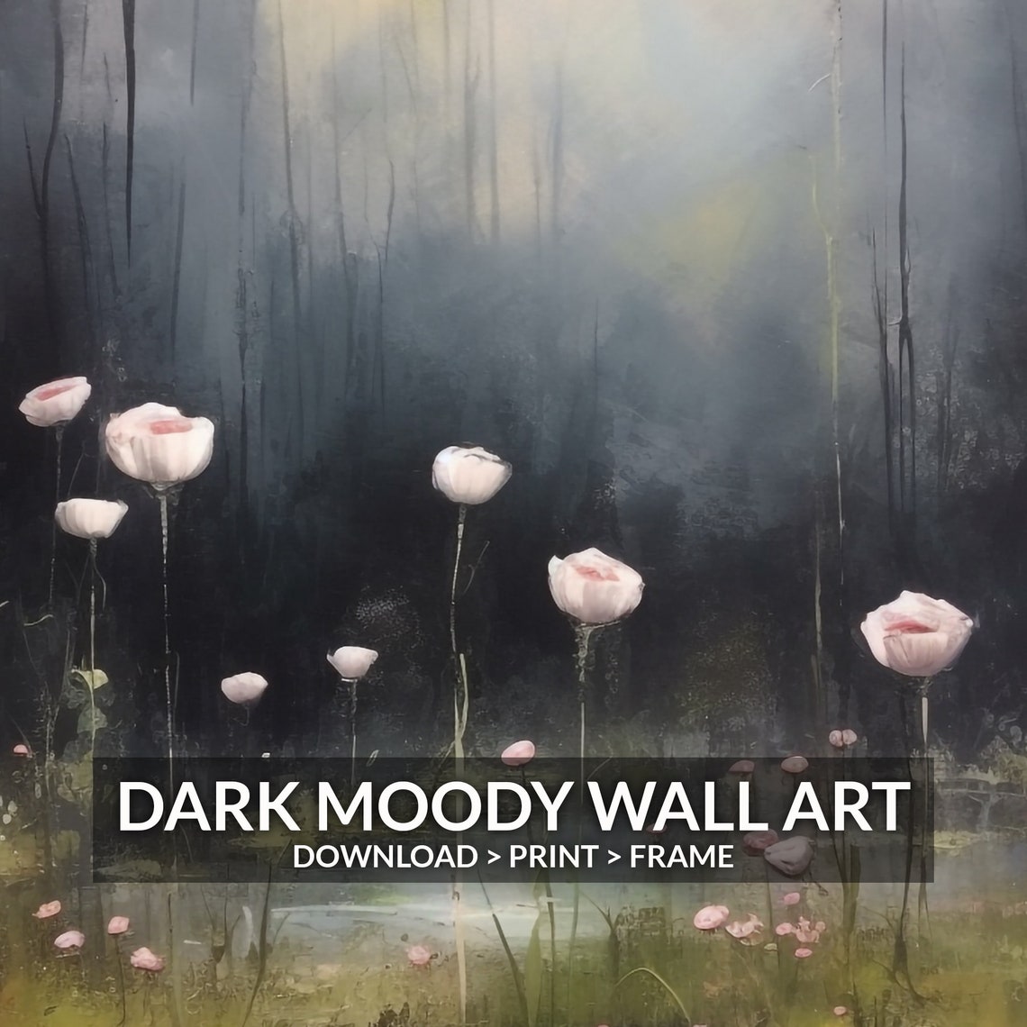 Lake Flowers Dark Moody Wall Art Wildflower Painting - Image 6