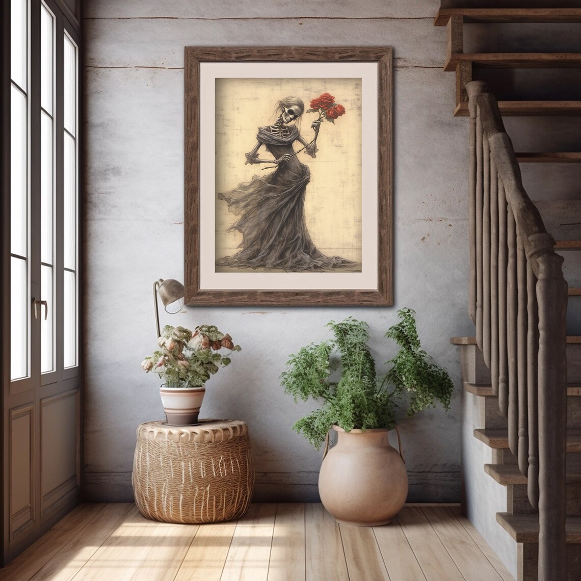 Skeleton Lady in Dark Gown Holding Red Roses Gothic Halloween Painting Poster - Image 2