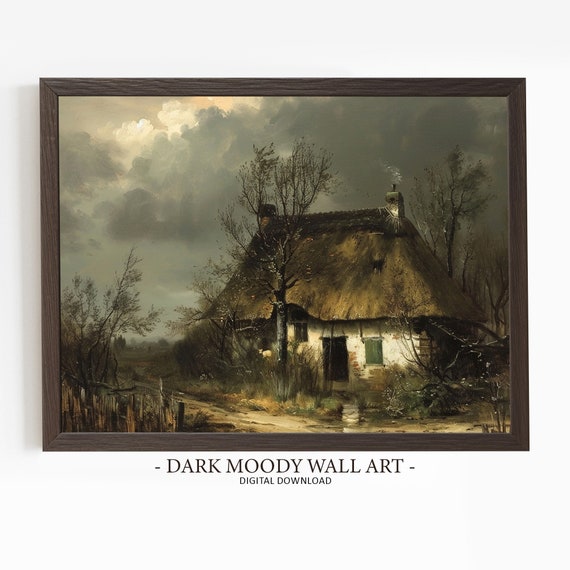 Irish Cottage Print Dark Moody Art Wall Art Ireland Landscape Rustic Thatched Cottage Painting