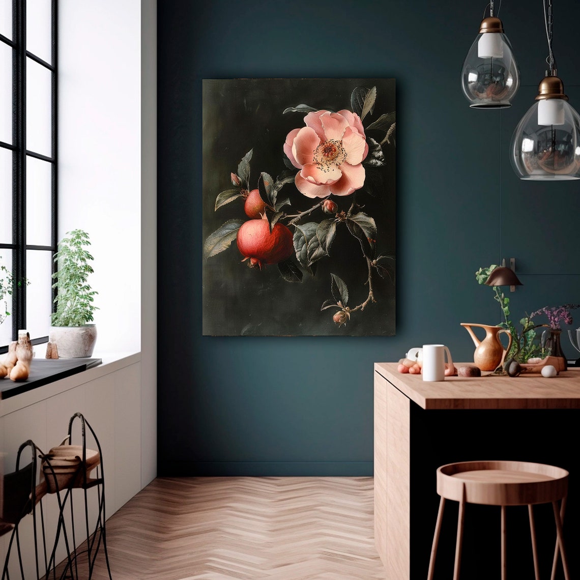 Pomegranate Blossom Branch Dark Moody Botanical Artwork Poster - Image 2