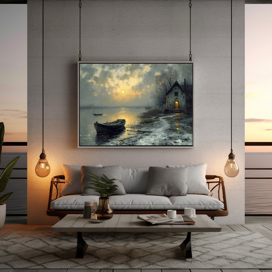 Moody Lakeside Cabin Rowboat Sunset Reflection Dark Rustic Poster - Image 5