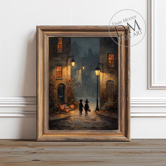 Halloween Street Witch Pumpkins Gothic Art Print