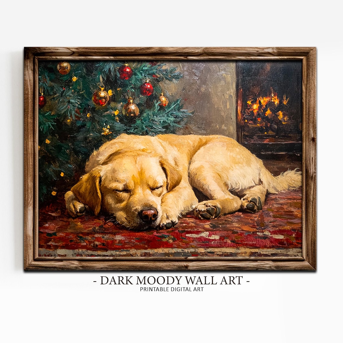 Golden Retriever Sleeping by Christmas Tree Fireplace Painting Poster