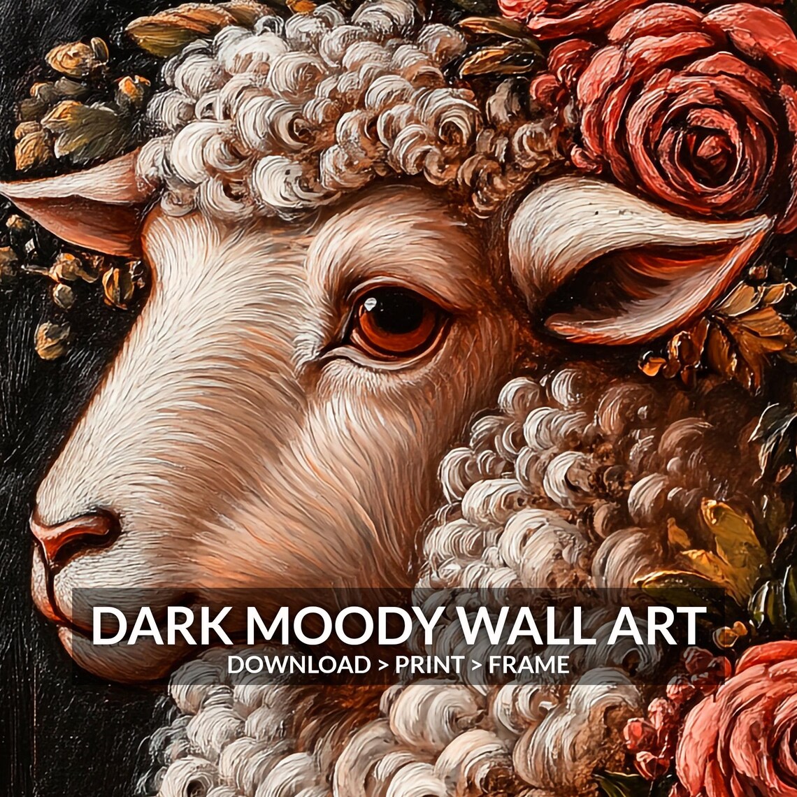 Floral Crown Lamb Portrait Red Roses Dark Moody Animal Art Poster - Image 6