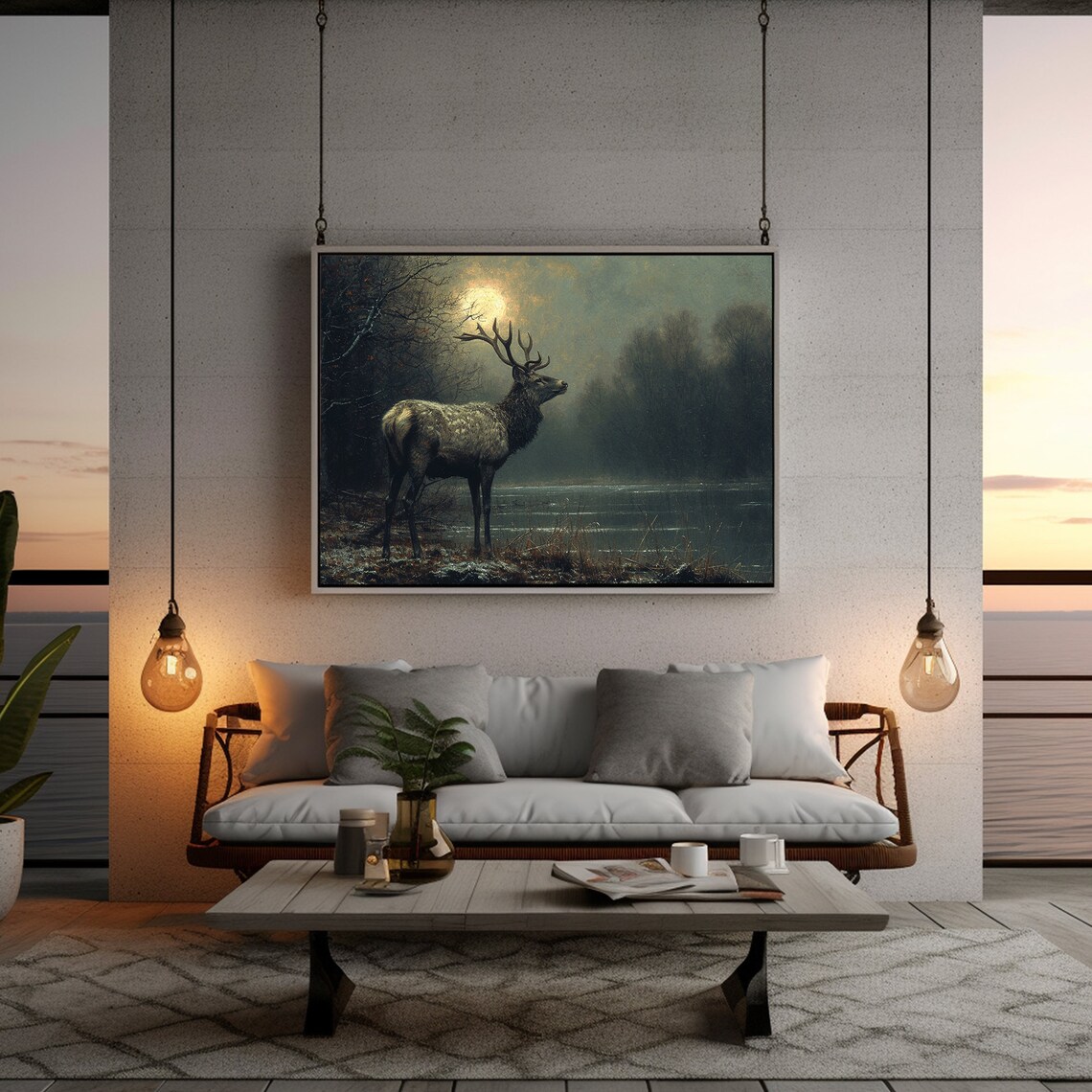Majestic Stag Under a Full Moon by a Misty Lake Wildlife Painting Poster - Image 3