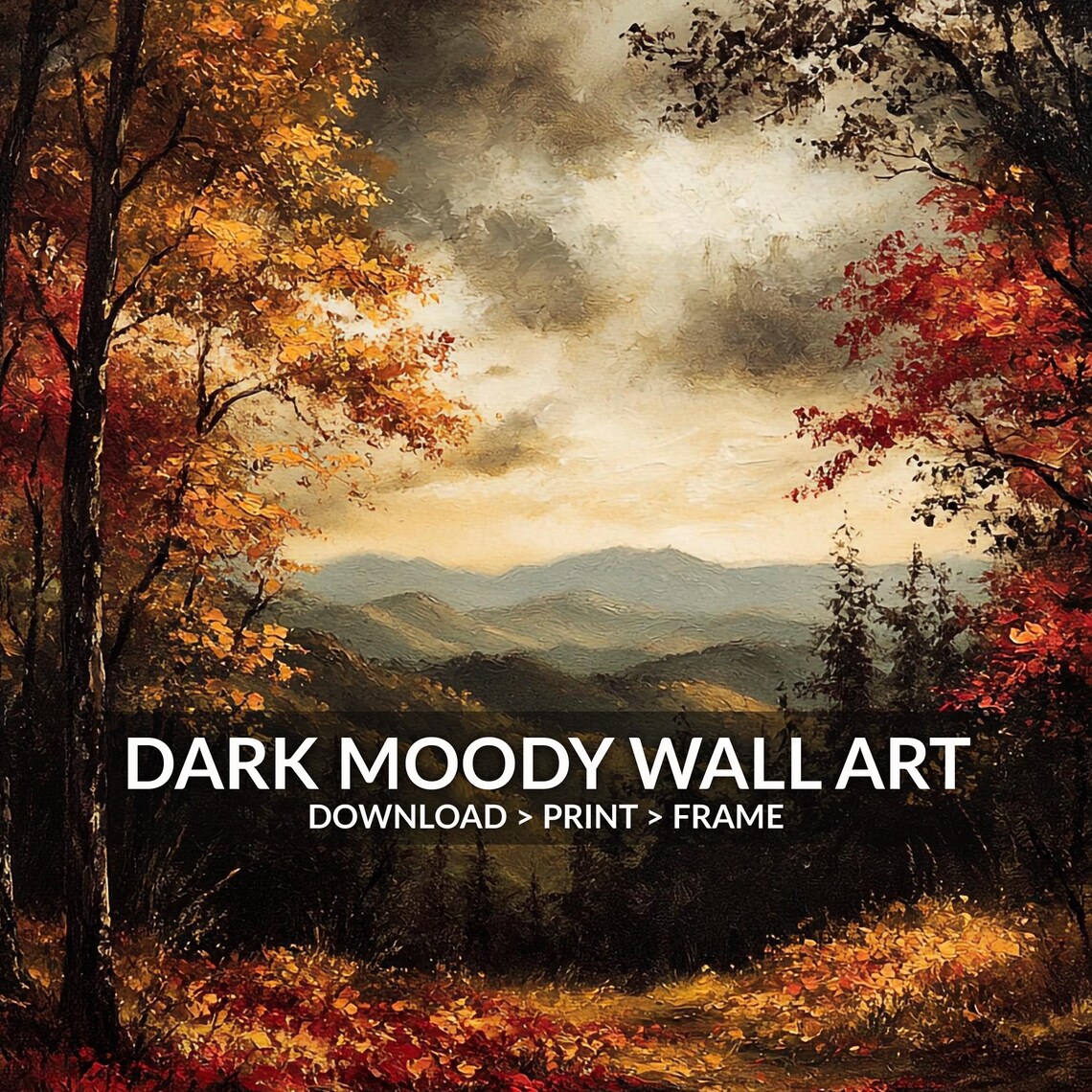 Dark Fall Forest Mountain Valley Stormy Sky Moody Landscape Painting Poster - Image 6
