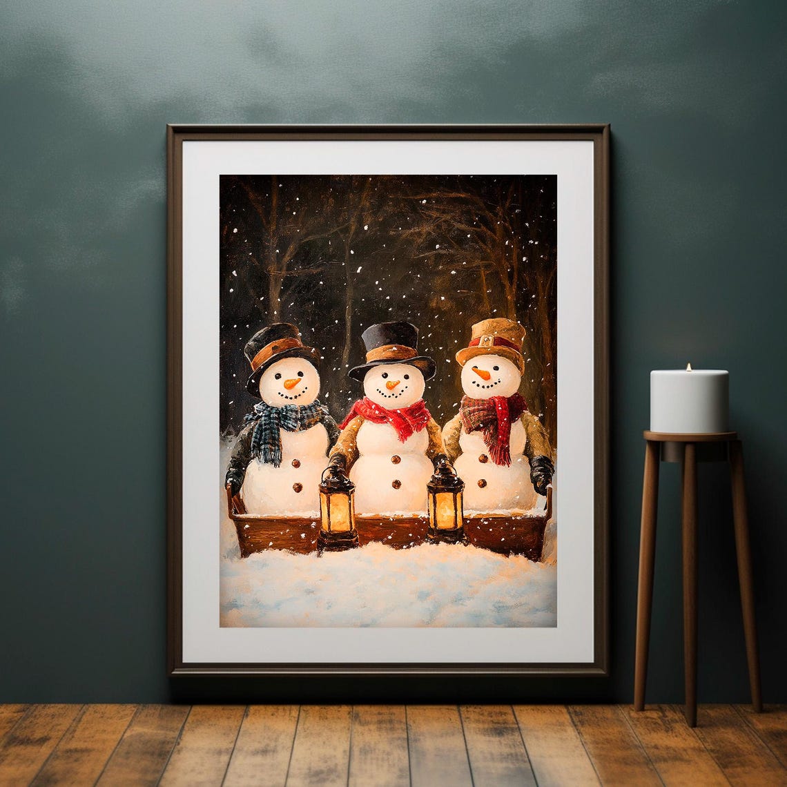 Three Snowmen Night Lanterns Snowfall Vintage Christmas Poster - Image 4