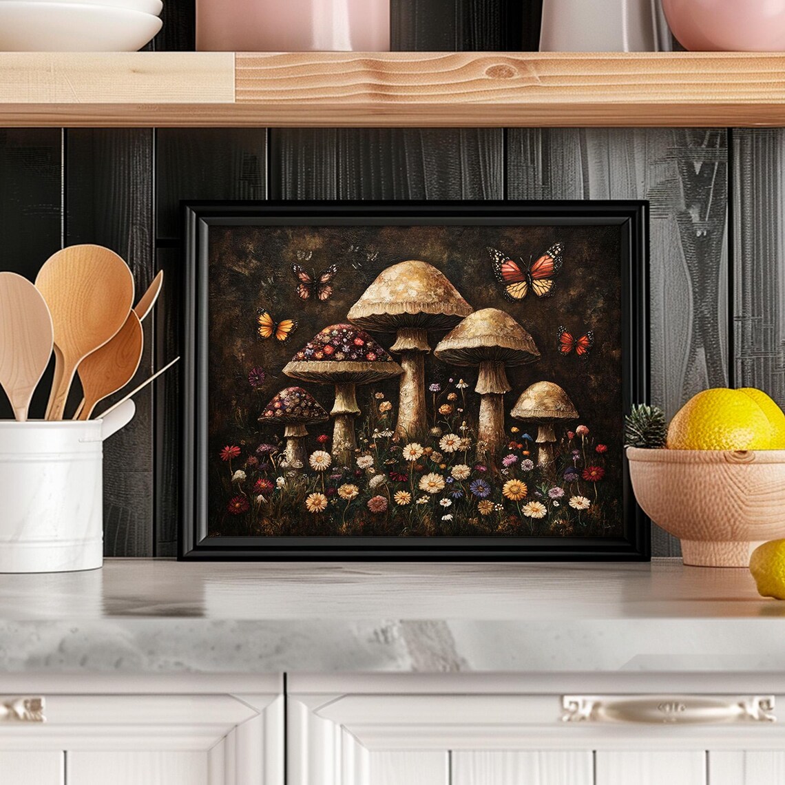 Enchanted Mushroom Forest Butterflies Wildflowers Dark Botanical Poster - Image 4