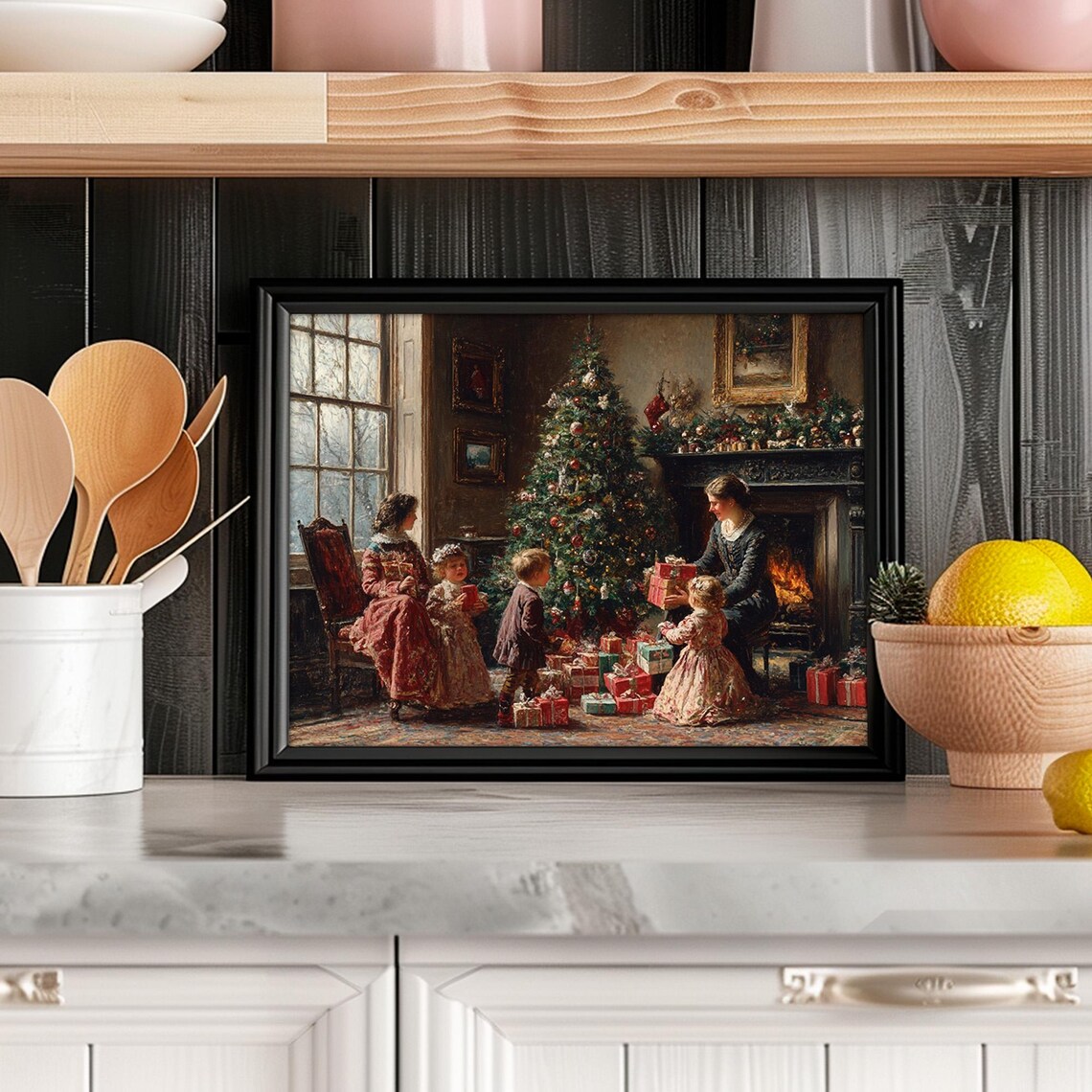 Victorian Christmas Morning Family Tree Vintage Painting Poster - Image 6