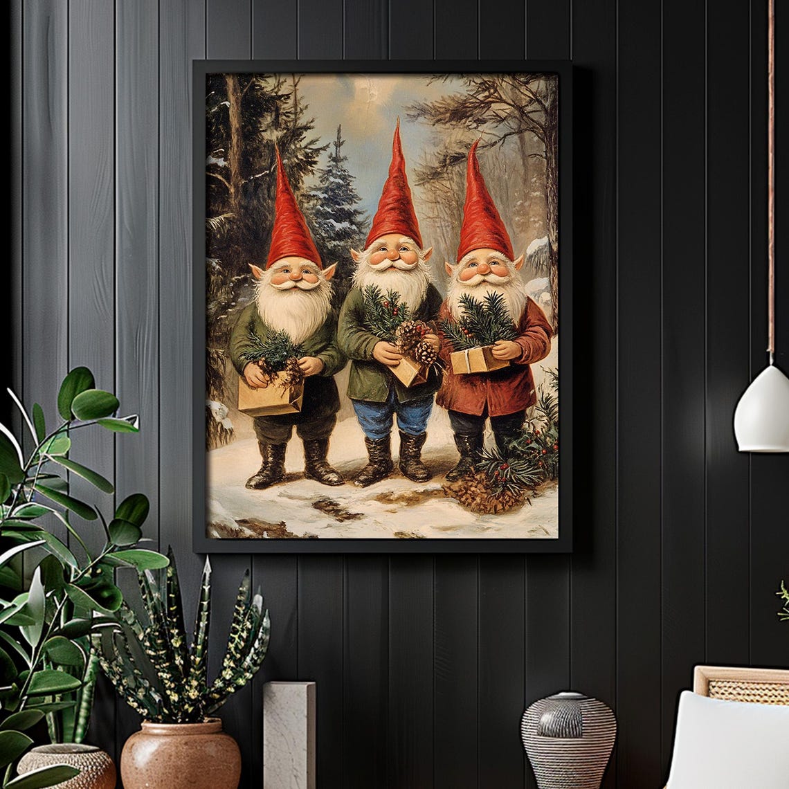 Christmas Gnomes Snowy Forest Trio Vintage Winter Painting Poster - Image 4