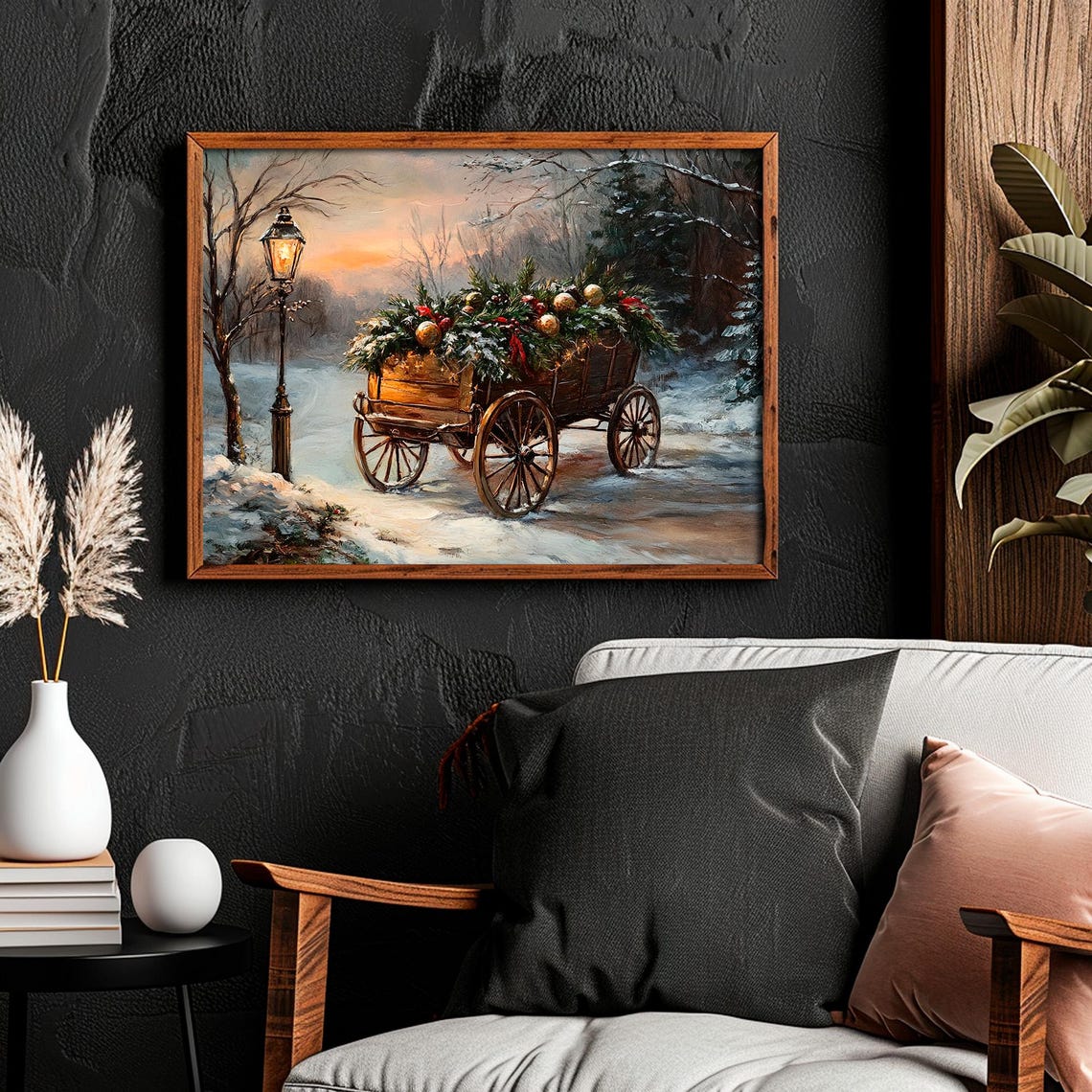 Christmas Cart With Greenery Beside Lamppost at Dusk Wall Art - Image 4