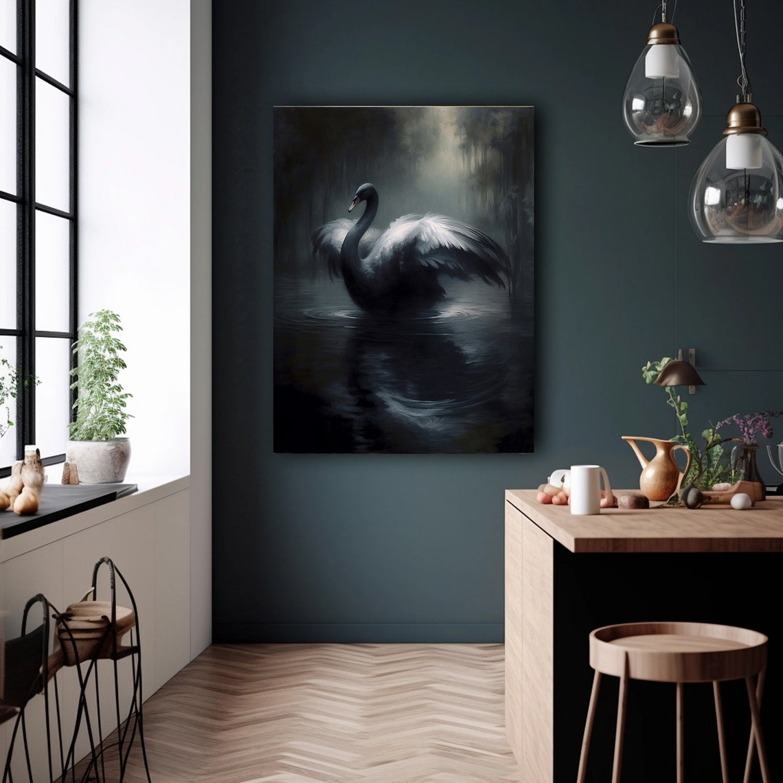 Antique Black Swan Painting Dark Moody Wall Art Vintage Bird Print Dark Academia Decor Animal Dark Oil Painting - Image 4