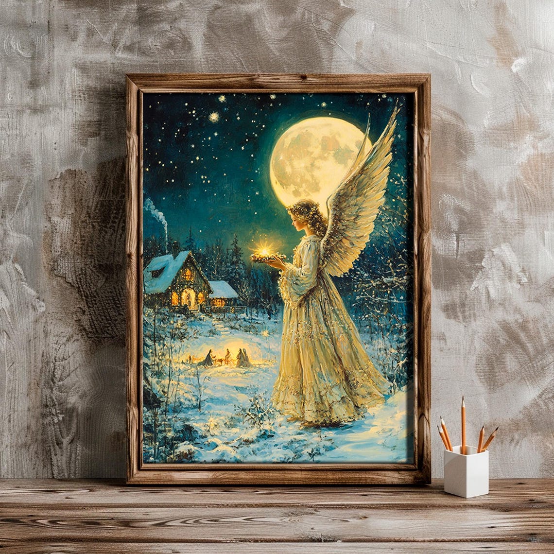 Christmas Angel with Lantern Full Moon Snowy Night Painting Poster - Image 2