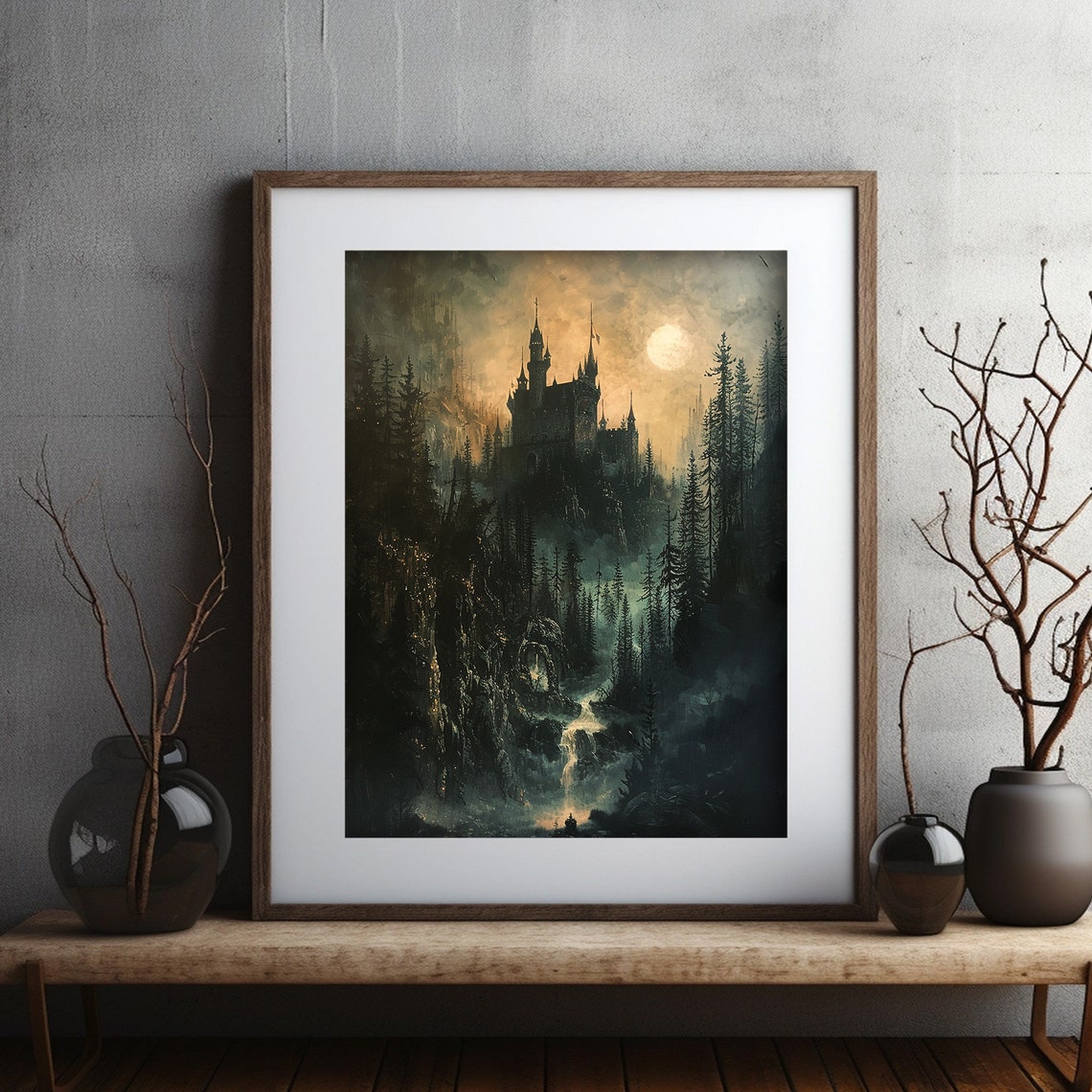 Gothic Castle Moonlight Silhouette Forest Waterfall Painting Poster - Image 2