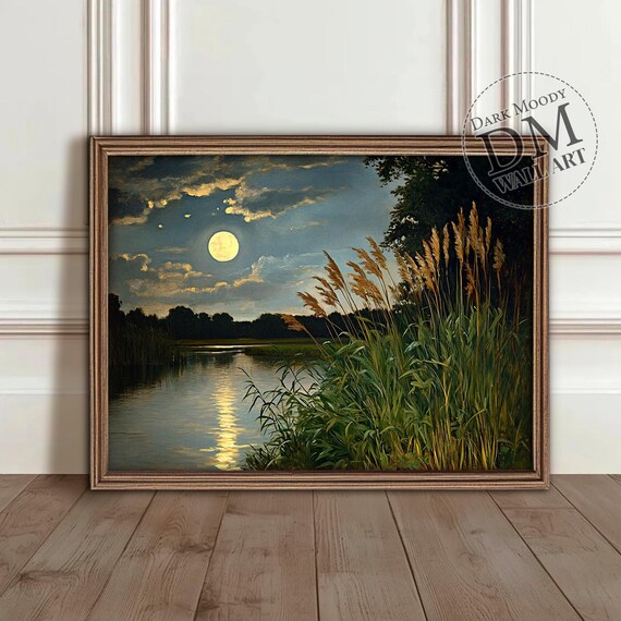 Moonlit River Wall Art Dark Moody Landscape Print With Night Sky