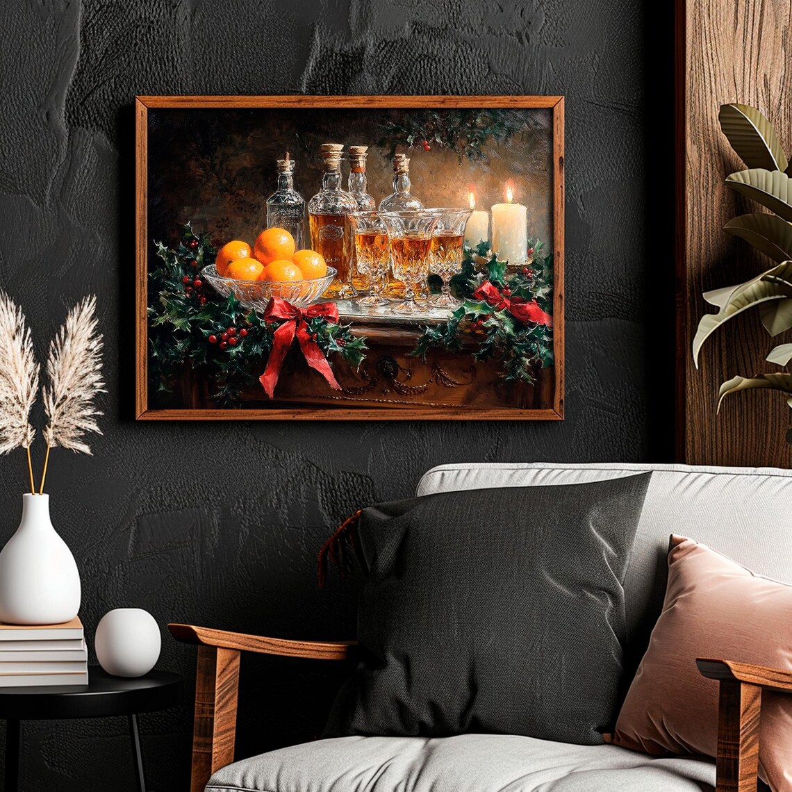 Christmas Whiskey Bar Cart Decanters Holly Candles Moody Poster - Image 6