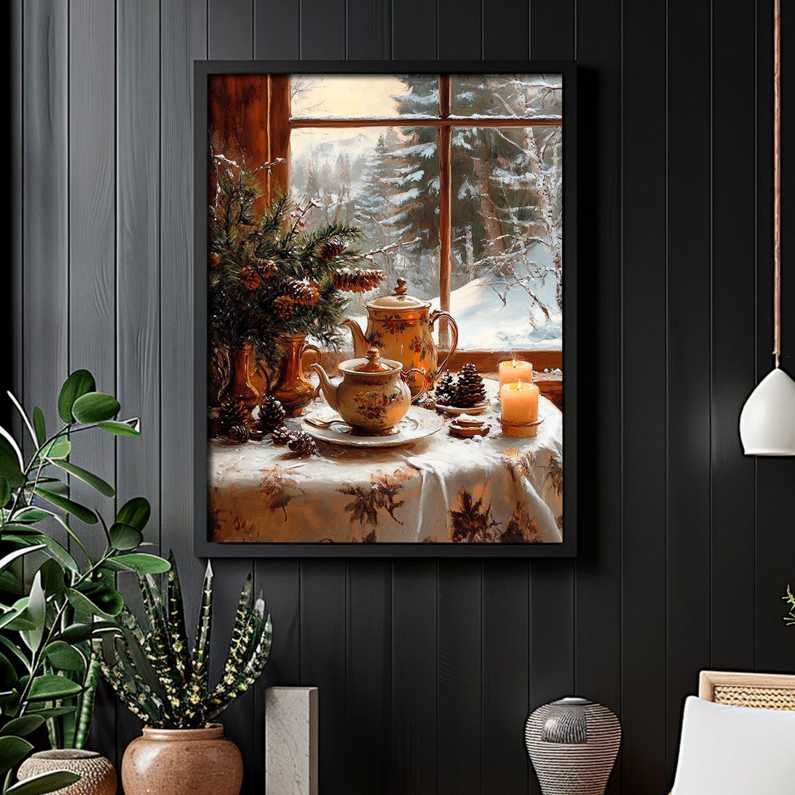 Cozy Winter Tea Set Window Sill Pinecones Candles Still Life Poster - Image 4