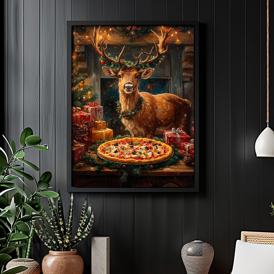 Festive Stag with Christmas Wreath and Pizza Whimsical Poster - Image 4