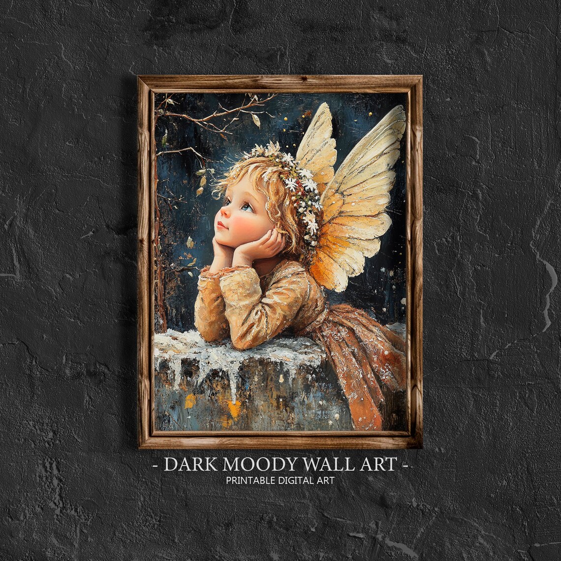 Angel Child Resting On Snowy Stone Wall Dreamy Painting Poster