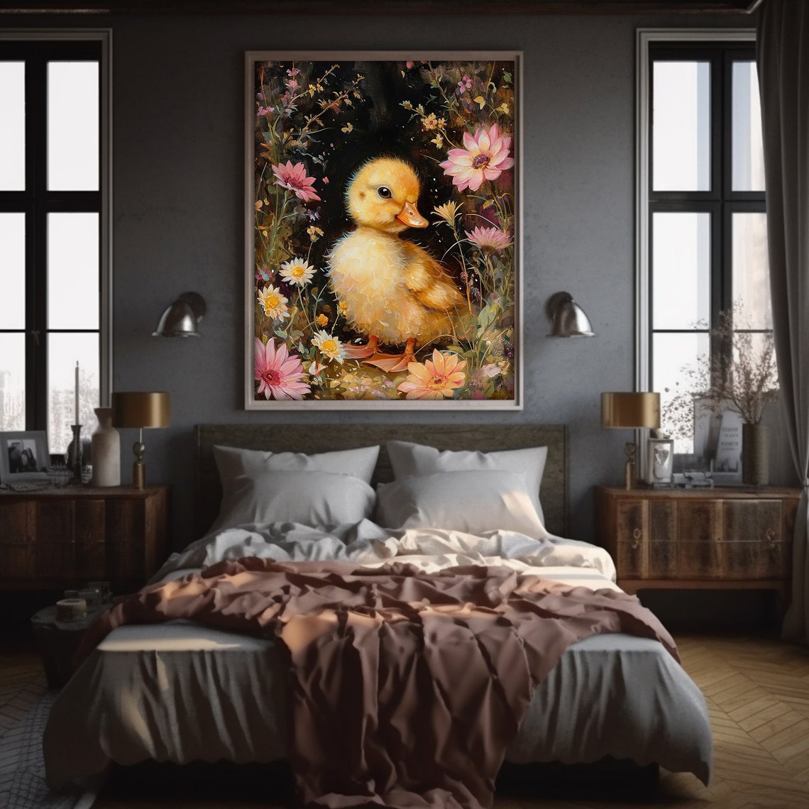 Fluffy Yellow Duckling Pink Wildflowers Dark Floral Nursery Poster - Image 2