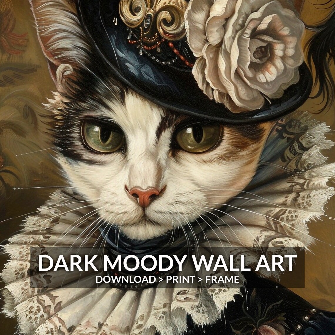 Victorian Cat Portrait Lace Ruff Feathered Hat Painting Poster - Image 2