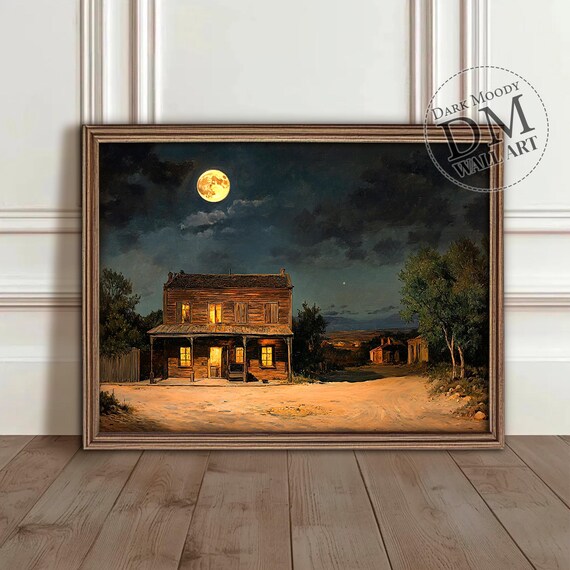 Full Moon Western House Wall Art Print Rustic Night Landscape Scene