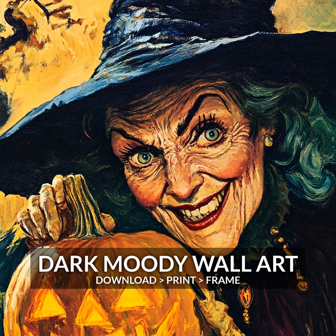 Old Witch Holding Glowing Jack O Lantern Vintage Halloween Poster - Image 5