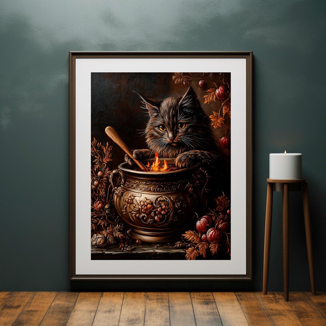 Fluffy Black Cat Stirring Witch Cauldron Autumn Botanicals Halloween Poster - Image 2