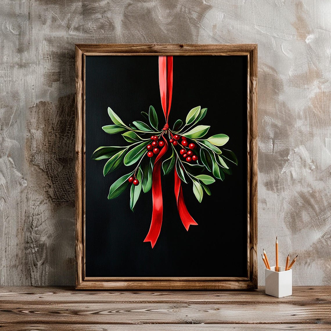 Vintage Holiday Greenery With Red Berries And Red Ribbon Wall Art - Image 5