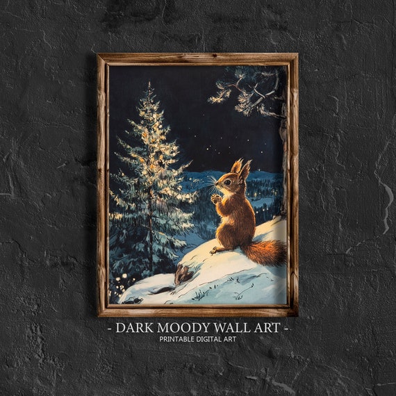 Christmas Tree With Squirrel Print Vintage Christmas Wall Art Farmhouse Christmas Home Decor Dark Moody Wall Art