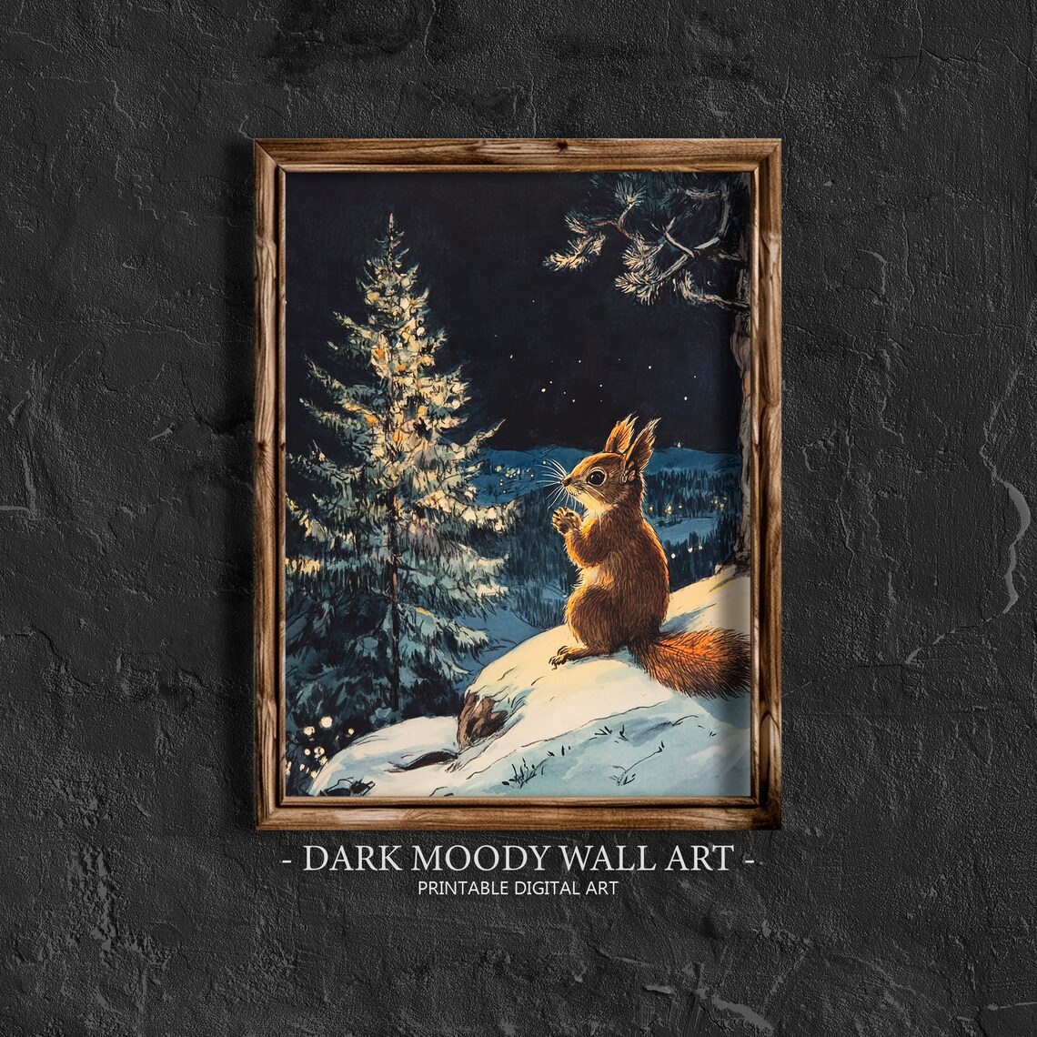 Red Squirrel Snowy Night Forest Storybook Animal Painting Poster
