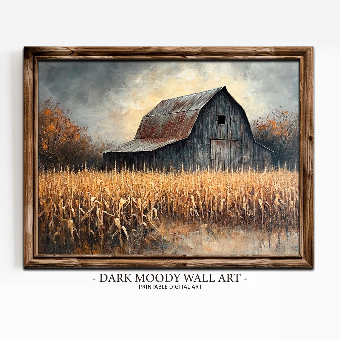 Old Weathered Barn in Wheat Field Under Stormy Sky Rustic Farm Poster