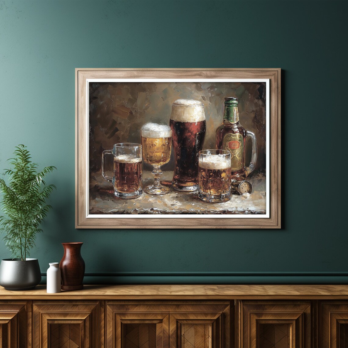 Assorted Beer Mugs And Bottle Rustic Still Life Oil Painting Poster - Image 6