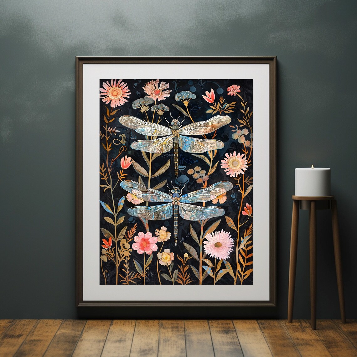 Dark Botanical Dragonfly Floral Black Background Painting Poster - Image 6