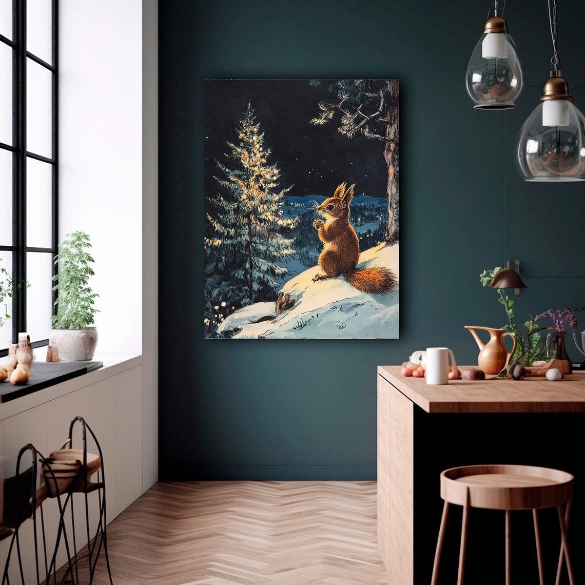 Red Squirrel Snowy Night Forest Storybook Animal Painting Poster - Image 5