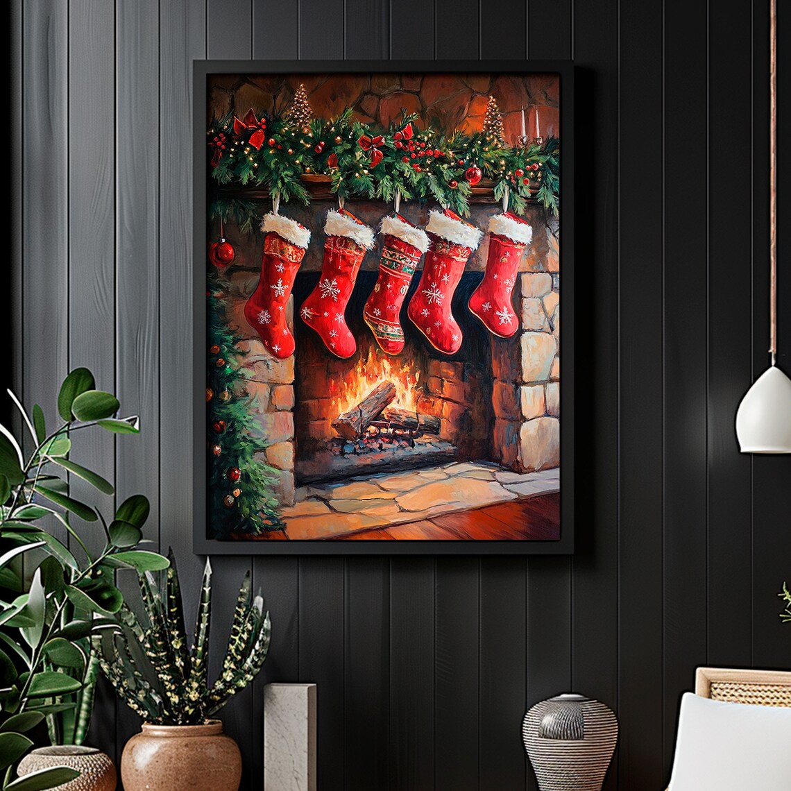 Red Christmas Stockings Fireplace Garland Cozy Night Art Print - Image 4