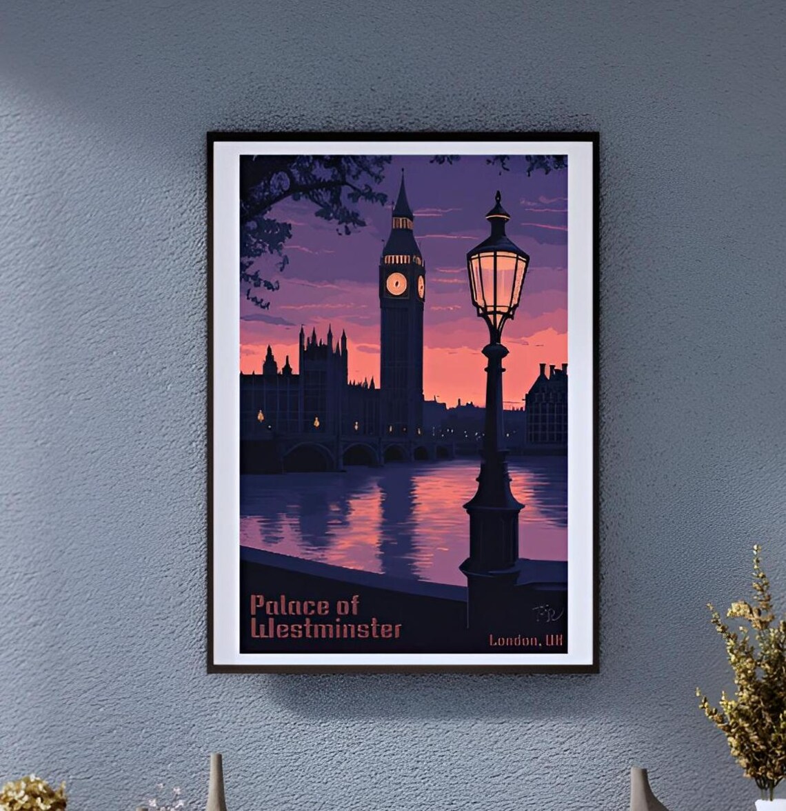 Vintage Palace of Westminster London Big Ben Sunset Art Poster